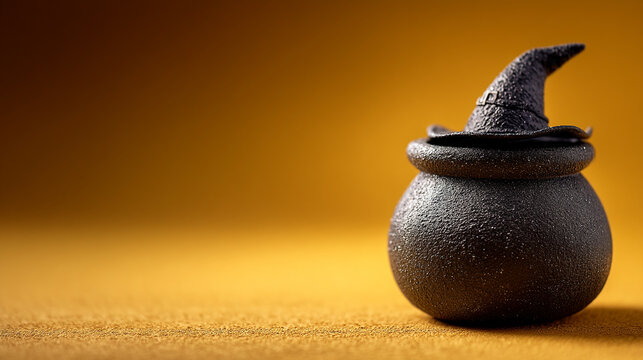 Dark witch hat atop a rustic black cauldron on a orange background