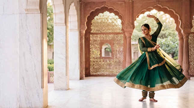 Young Indian woman Kathak dancer spinning in green anarkali in marble palace with copy space on left