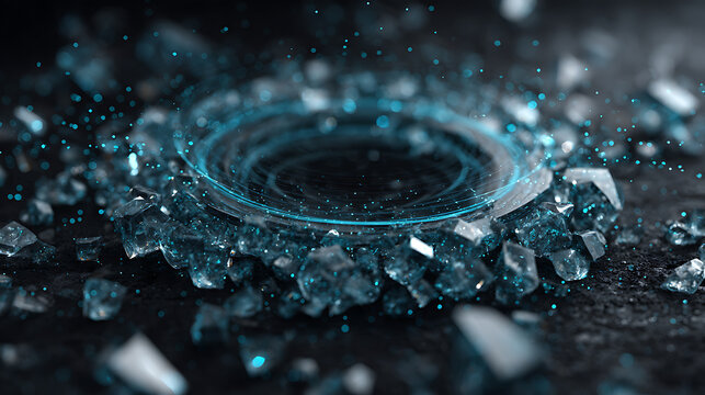 Cybersecurity concept featuring a glowing blue digital vortex surrounded by shattered glass fragments, representing data breaches, cyber threats, digital disruption, and advanced technology