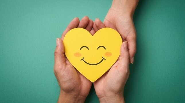 A yellow heart with a smile held in hands to symbolize kindness support care and love