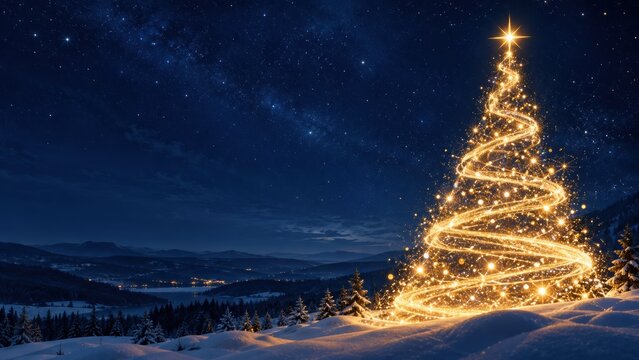 Golden Christmas Tree Formed by Glowing Light Trails in Winter Night Sky