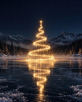 Spiral Christmas Illumination Reflected on Frozen Winter Lake