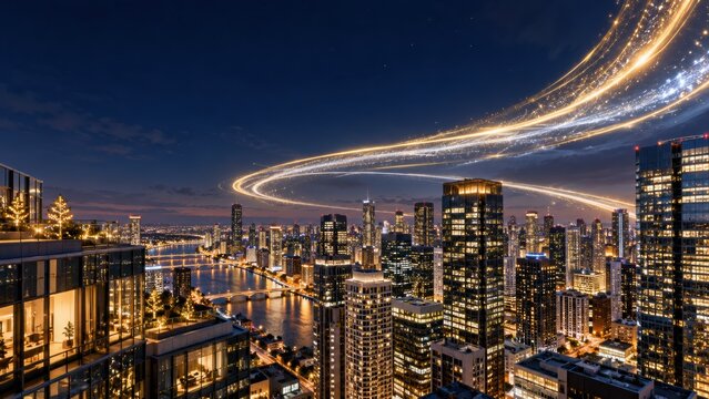 Festive Light Trails Gliding Above Modern City Rooftops at Christmas
