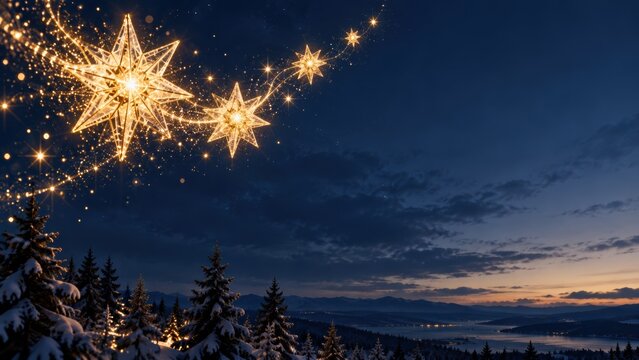 Scandinavian Style White Christmas Stars Gliding Through Winter Sky