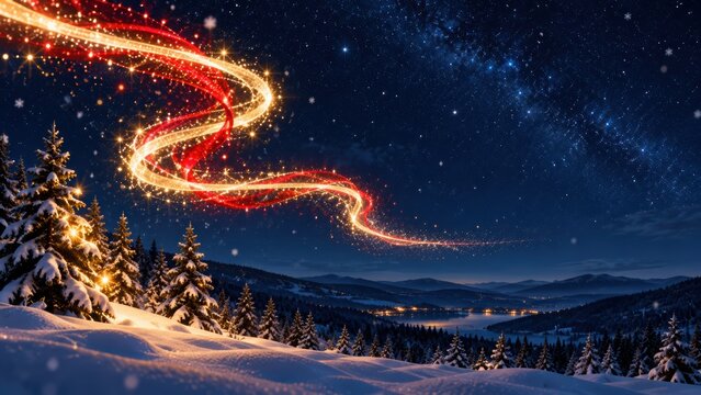 Candy Cane Inspired Red and White Light Trail Over Snowy Forest