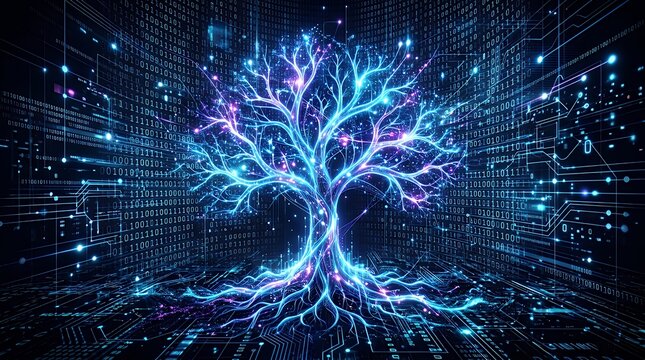 Futuristic digital network background featuring a glowing fractal tree structure growing through a complex binary data grid digital background futuristic technology data network artificial