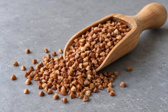 Roasted buckwheat groats beside a plain wooden scoop