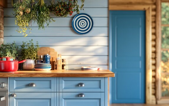 Cozy rustic kitchen interior with wooden countertop blue cabinets and hanging herbs