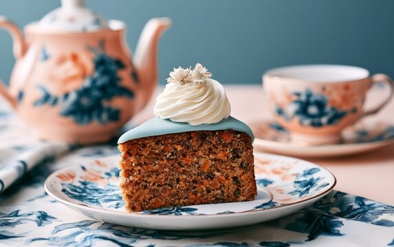 Slice of moist carrot cake with cream topping on floral plate and tea setup