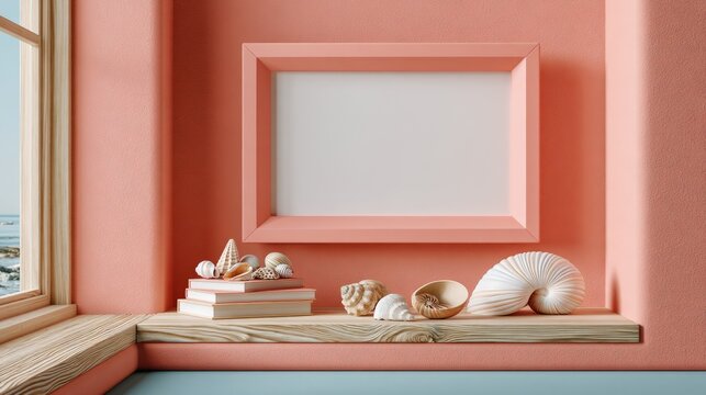 Empty white frame on coral wall with seashells and books on shelf