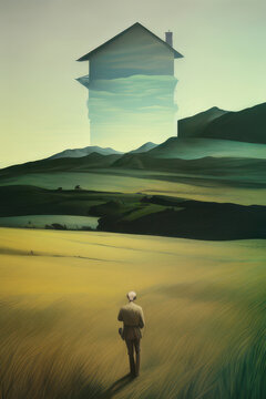 Surreal Landscape with Floating Transparent House and Lone Figure