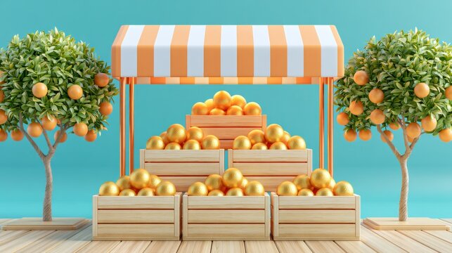 Fresh ripe orange fruit displayed on wooden crates with orange trees