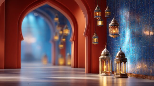 Traditional ornate lanterns with warm light hanging in vibrant mosque corridor interior