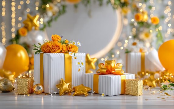 Elegant white and gold gift boxes with yellow roses and festive decoration