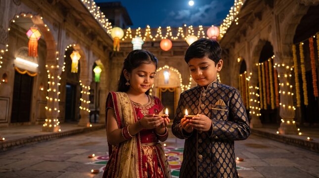Indian Kids Celebrating Diwali Festival of Lights Outdoors at Night