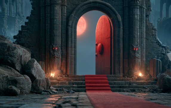 Ancient stone archway with glowing red eyes and open wooden door under moonlight