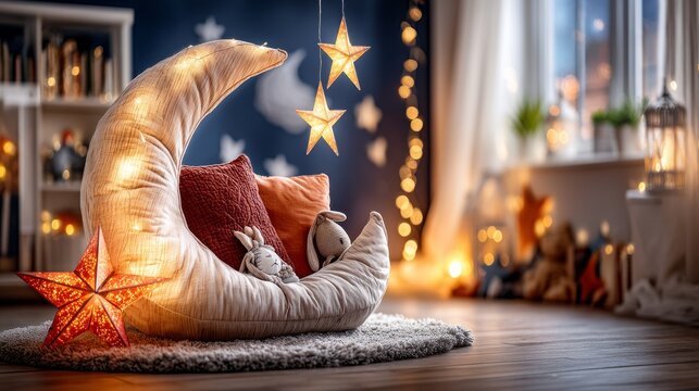 Cozy crescent moon shaped cushion chair with star lights in warm room