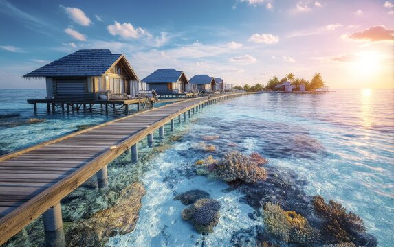 Overwater wooden bungalows with tropical coral reef and sunset ocean view