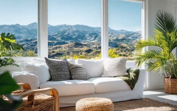 Bright living room with large windows overlooking scenic mountain landscape and lush indoor plants