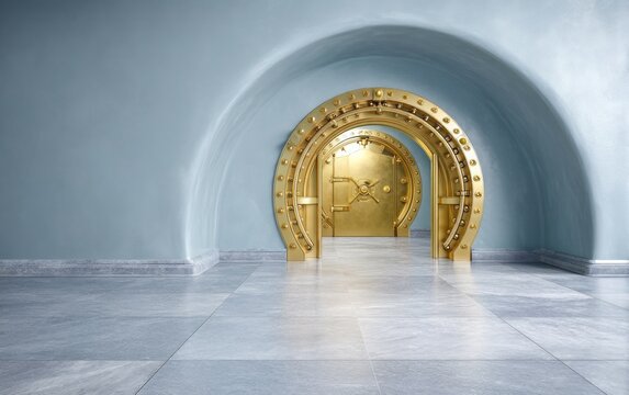 Large open gold bank vault door inside pristine empty safe room interior