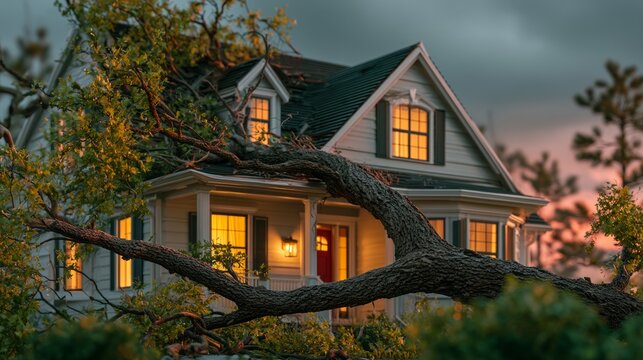 Charming cozy house with glowing windows at dusk surrounded by nature