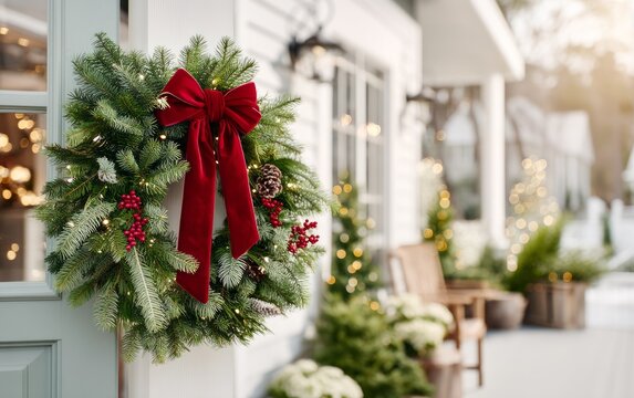 Festive green pine wreath with red bow and berries hanging on white door outside