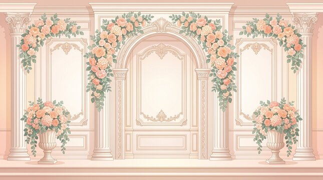 Luxury Wedding Backdrop Vector Illustration with Floral Ornament and Classic Columns