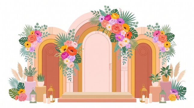 Modern Flat Vector Illustration of Colorful Wedding Backdrop with Vibrant Floral Arch