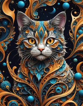 Intricate Abstract Cat Portrait with Ornamental Patterns