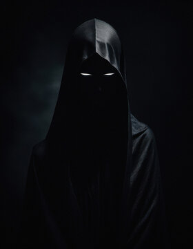 Mysterious Hooded Figure with Glowing Eyes in Darkness