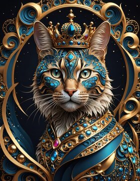 Regal Cat Portrait in Ornate Blue and Gold Crown and Jewelry