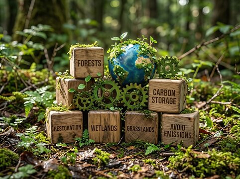 The natural climate solutions concept involves action to prevent greenhouse gas emissions and enhance carbon storage in forests, grasslands, and wetlands, represented by green gears and a globe with