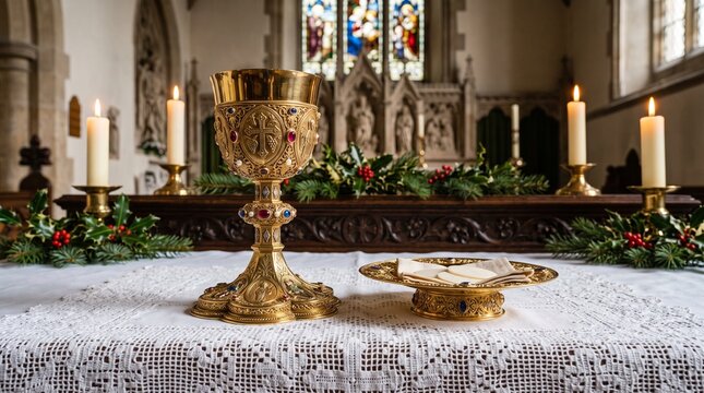 Ornate gold chalice on a white lace altar cloth inside a church on Christmas day