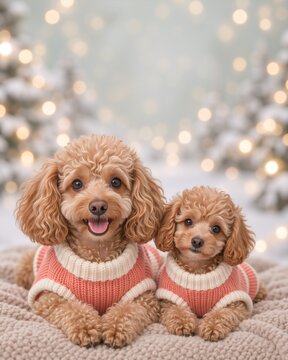 Two toy poodles wearing pink knitted sweaters on soft blanket. Vertical portrait with festive bokeh lights and snowy pine trees. For Christmas greeting card