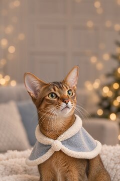 Abyssinian cat wearing warm fleece cape against holiday bokeh lights. Vertical pet portrait for Christmas greeting card