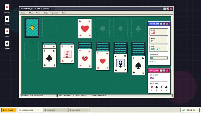 Retro Computer Game Solitaire Playing Cards on Screen Interface