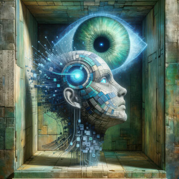 Futuristic Cyborg Head with Digital Eye and Technology Elements