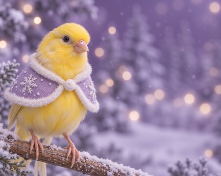 Canary bird wearing miniature winter cape perched on snowy branch. Cute seasonal wildlife in purple winter forest. For Christmas greeting card
