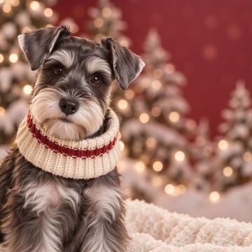 Miniature Schnauzer wearing knitted winter scarf on soft blanket. Cute dog portrait with red holiday bokeh background. For Christmas greeting card