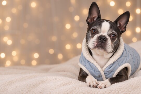 Boston terrier puppy dressed in blue winter vest lying on fluffy blanket. Festive pet portrait with warm holiday bokeh lights. For Christmas greeting card and winter banner