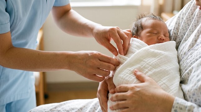 Close-up of Japanese Nurse Hands Adjusting Newborn Baby Swaddle