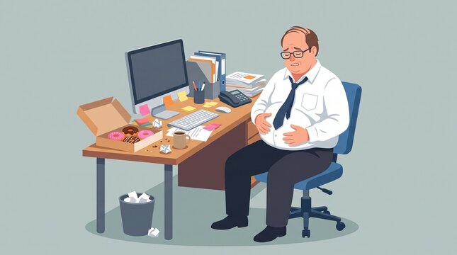 Overweight Male Office Employee Sitting at Desk Vector Illustration