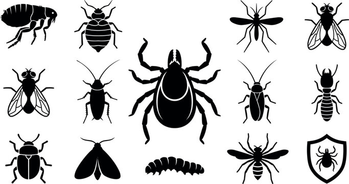 PrintPest Control Insect Silhouette Vector Icon Set Featuring Tick Flea Bedbug Mosquito Fly Cockroach Termite Beetle and Shield for Eradication Protection Services