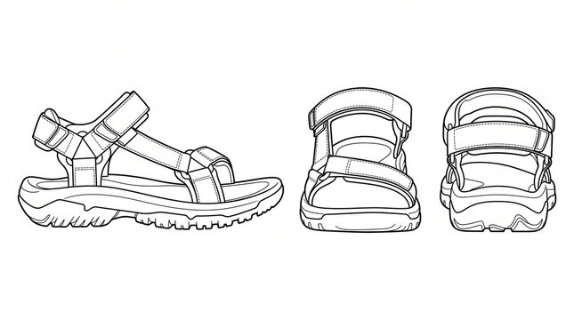 Sports Sandals Technical Sketch Illustration - Vector Outdoor Footwear Design Template