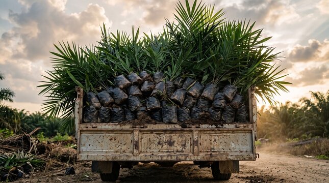 Low angle view of truck loaded with young palm trees for remote plantation