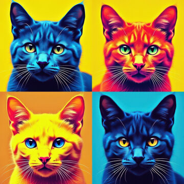 Pop Art Style Colorful Cat Portraits in Grid