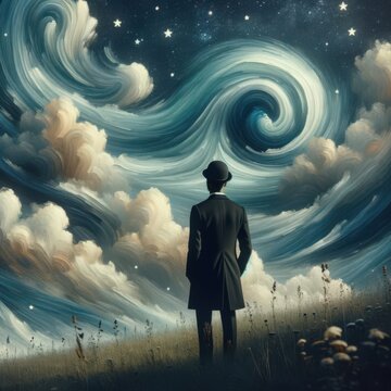 Man in Bowler Hat Contemplating Surreal Swirling Night Sky