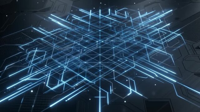 Digital circuit board background with glowing blue data lines and futuristic pulses. Ideal for AI machine learning, cyber security explainer clips, fintech marketing, and hi-tech displays