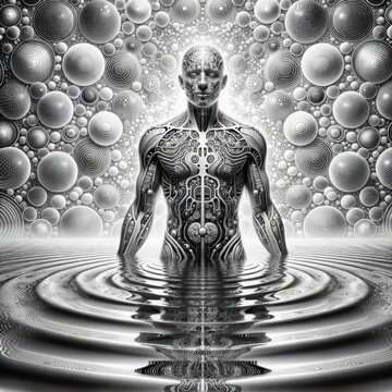Futuristic Cyborg Standing in Rippled Water with Sphere Background