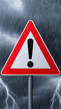 Red warning sign in storm with lightning for invitation